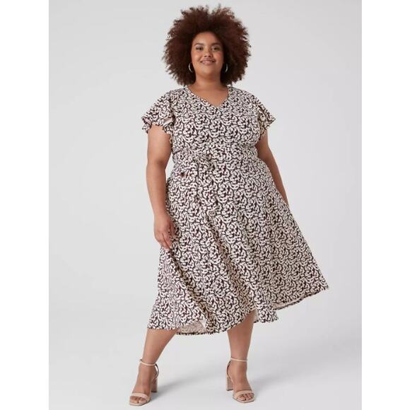 Lane Bryant‎ Lena Dress Plus 20 V-Neck High Low Midi Short Flutter Sleeve Brown - Picture 1 of 12